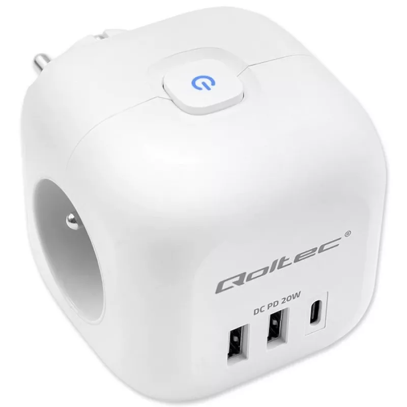 QOLTEC 52548 ilgintuvas su 3×AC lizdais ir USB prievadu