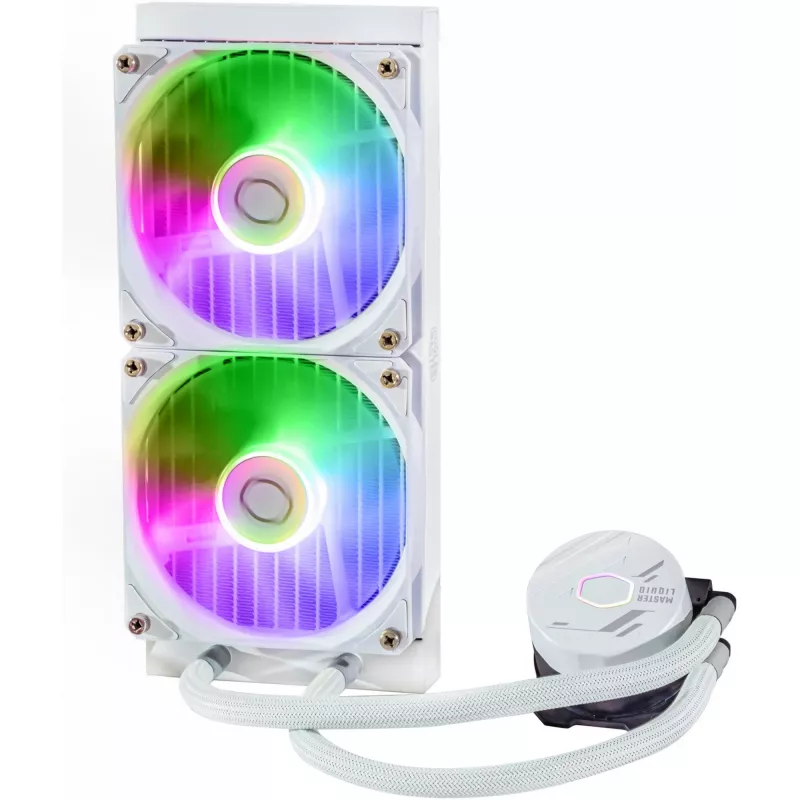 Skysto aušinimo komplektas Cooler Master MasterLiquid 240L Core ARGB White — 240 mm radiatorius, 120 mm ventiliatoriai, palaiko LGA1700/AM5/AM4 ir senesnius lizdus