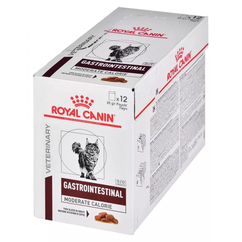 Šlapias kačių ėdalas Royal Canin Gastrointestinal Moderate Calorie 12 x 85 g paketėliai, suaugusioms katėms, mėsos skonio, 82,2% drėgmės