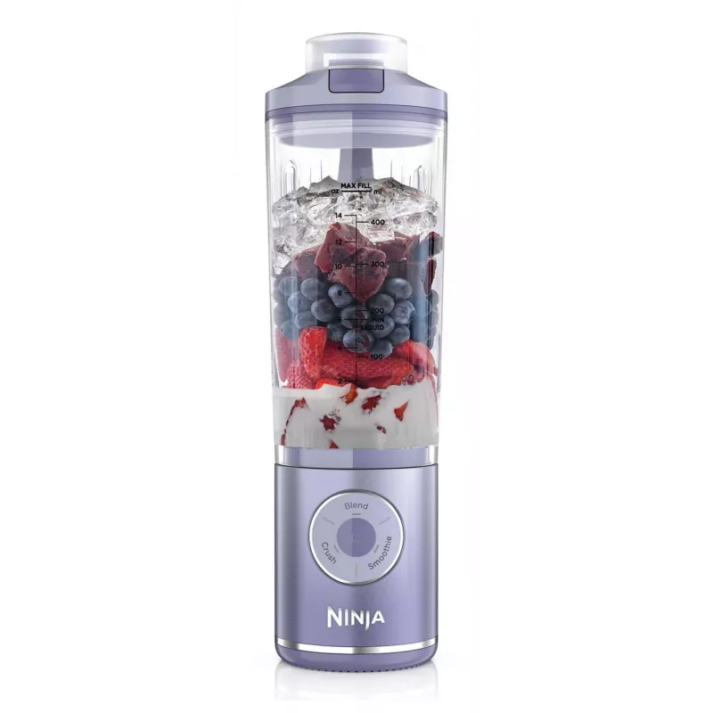 Nešiojamas blenderis Ninja BC251EULD — 0,57 L indas, baterija 11,1 V, nerūdijančio plieno peiliai, levandų/permatomas