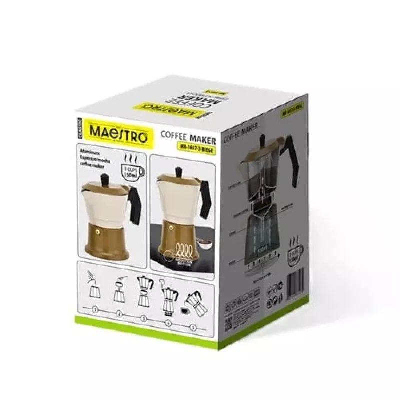 Aliumininis kavinukas viryklei Maestro MR-1657-3-BEIGE – 3 puodelių espreso kavos virimo aparatas, smėlio spalvos