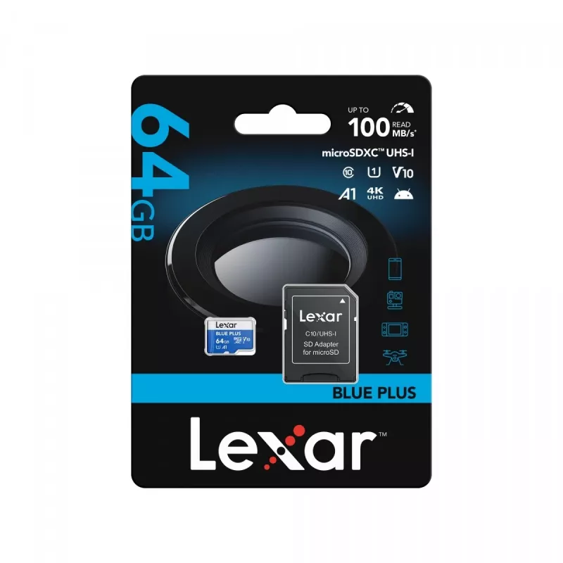 MicroSDXC atminties kortelė Lexar BLUE PLUS 64 GB UHS‑I 100 MB/s U1 V10 (mėlyna)