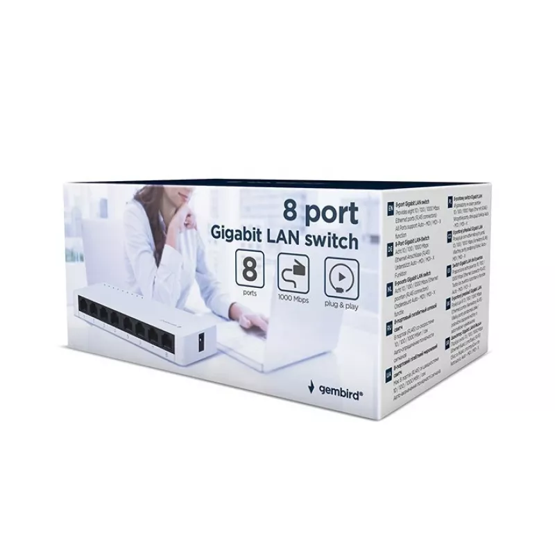 Nevaldomas jungiklis GEMBIRD NSW-G8-01 — 8× Gigabit Ethernet (10/100/1000), baltas, DC 5V