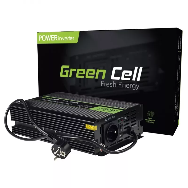 Inverteris Green Cell INV07, 12 V DC į 230 V AC, 300 W, gryna sinusinė banga, C tipo kištukas, juodas