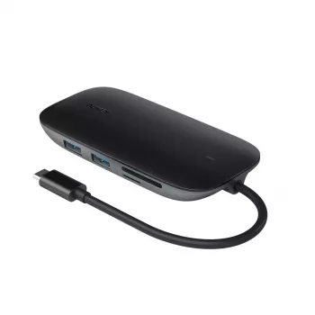 USB-C stotelė nešiojamam kompiuteriui AUKEY CB-C71 — 3x USB‑C (USB 3.2 Gen1), HDMI, RJ‑45, MicroSD, USB PD 100W, 0,15 m kabelis, juoda