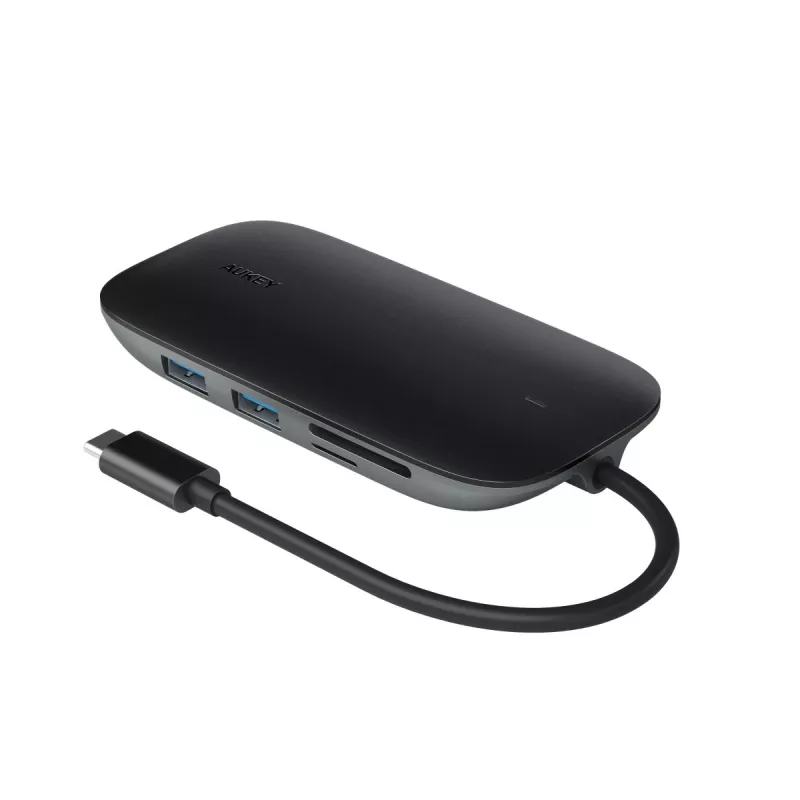USB-C stotelė nešiojamam kompiuteriui AUKEY CB-C71 — 3x USB‑C (USB 3.2 Gen1), HDMI, RJ‑45, MicroSD, USB PD 100W, 0,15 m kabelis, juoda