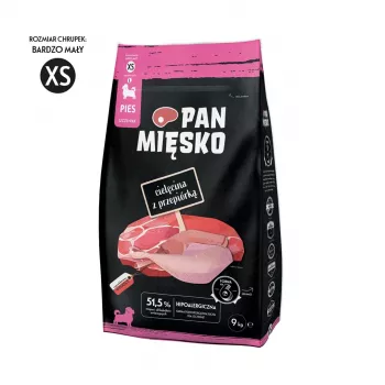 Sausas šuniukų ėdalas Pan Miesko Veršiena su Putpele XS 9 kg — Junior Small Breed, 30% Baltymų, 20% Riebalų
