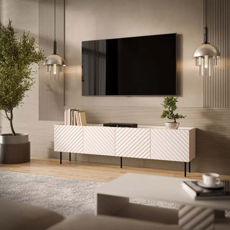Stalviršis televizoriui Cama LUCCA 4D 200x40x59 cm, kaspinas, pilka medžio drožlių plokštės viršus