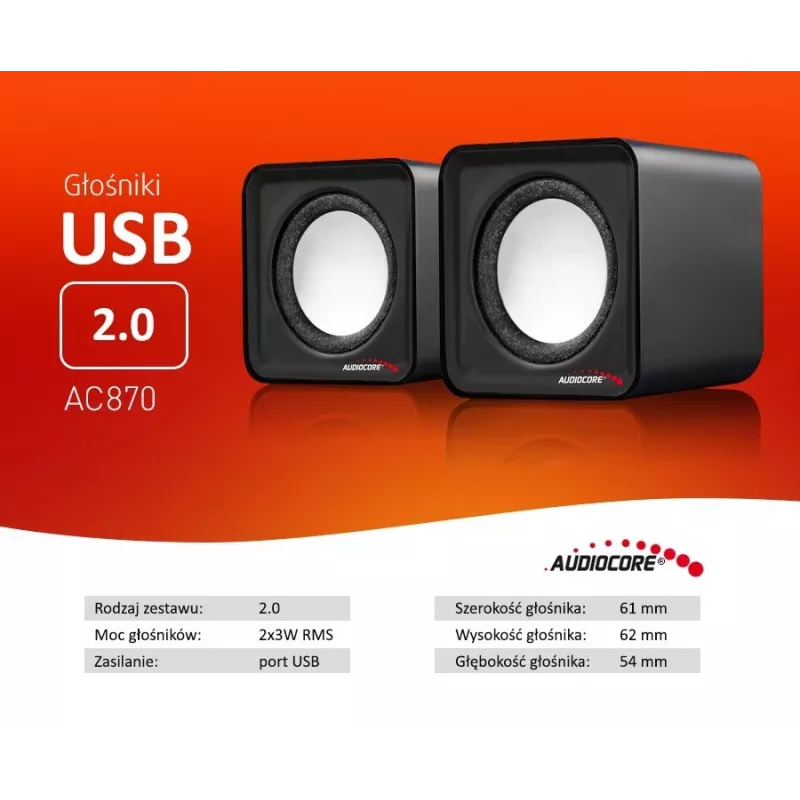 2 krypčių kompiuterio garsiakalbis Audiocore AC870 B — 3 W RMS, maitinimas per USB, 3,5 mm įvestis, 2.0 kanalai