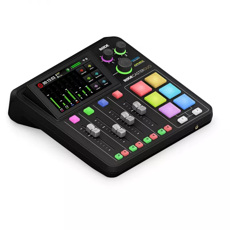 Studijos valdiklis RØDE Caster Duo Black — 2 kombinuoti XLR/TRS, 2 TRS linijiniai išėjimai, 48 kHz, 24 bitai, jutiklinis ekranas, „Wi‑Fi“, „Bluetooth“