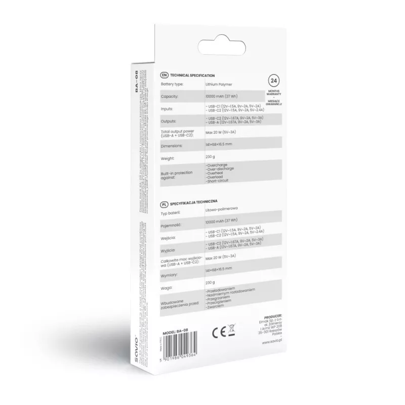 Powerbank SAVIO BA-08 10000 mAh 20 W PD QC