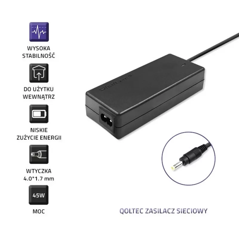 Qoltec 51509 45W maitinimo adapteris, skirtas Lenovo | 45W | 20V | 2,25A | 4,0*1,7 | + maitinimo laidas
