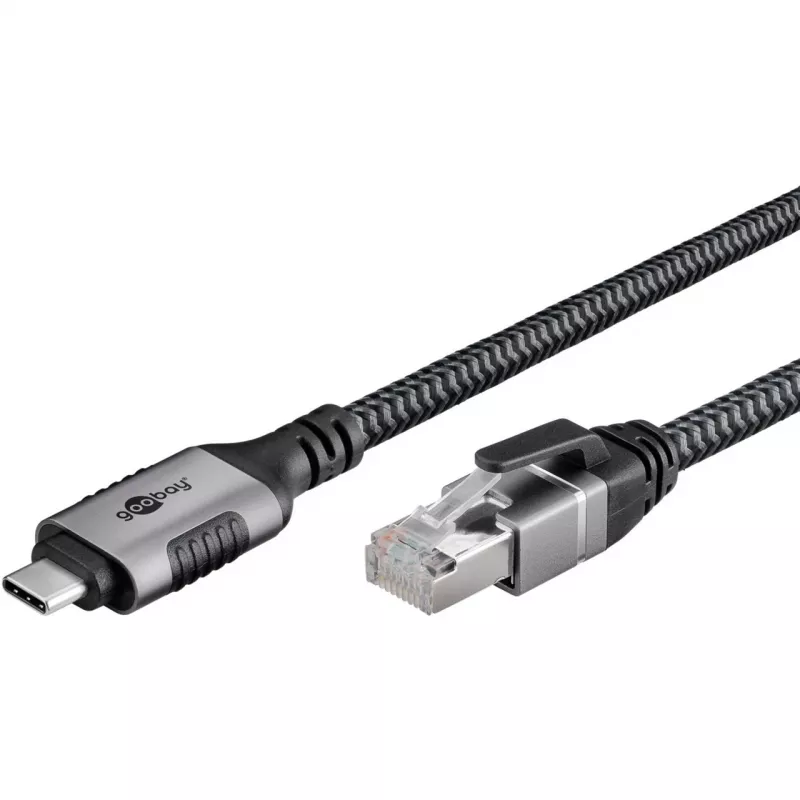 Ethernet kabelis USB-C 3.2 Gen2 kištukas > RJ-45 kištukas, LAN adapteris juodas/sidabrinis, 2 m, pintas tekstilinis apvalkalas