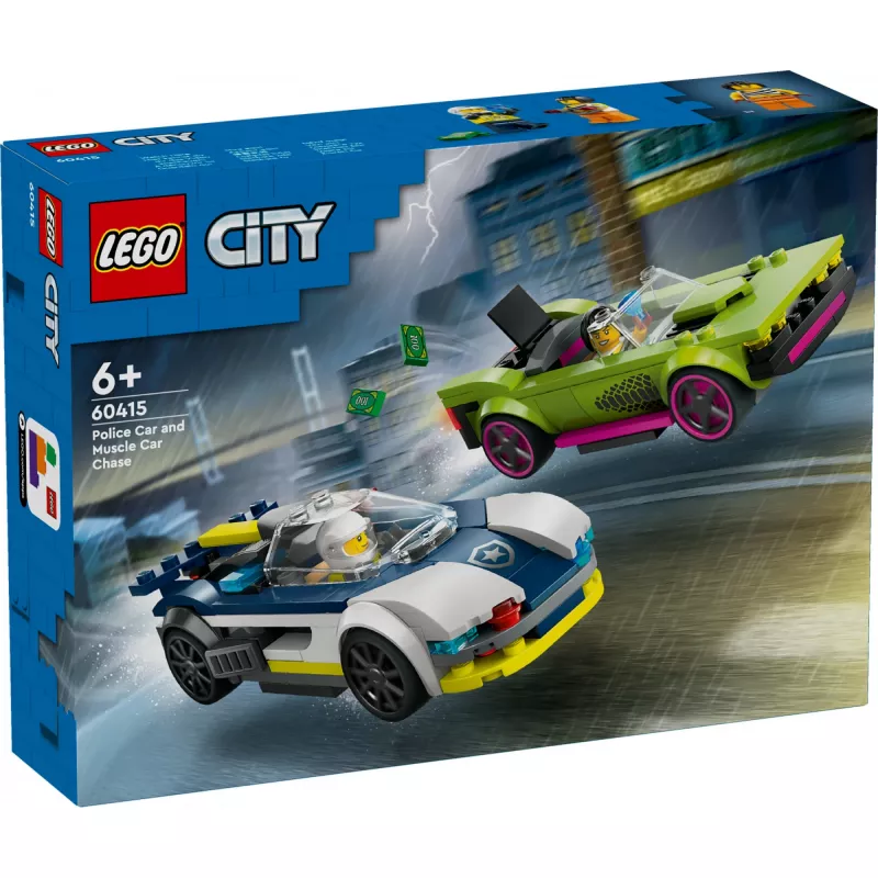 LEGO City 60415 Policijos automobilis ir raketinis automobilis – 213 dalių, 2 minifigūrėlės, nuo 6 metų