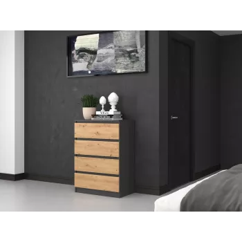 Komoda Top e Shop M4 ANTRACYT/ARTISAN — 4 stalčiai, antracitinė ir ąžuolo apdaila, 700×400×970 mm, medžio drožlių plokštė