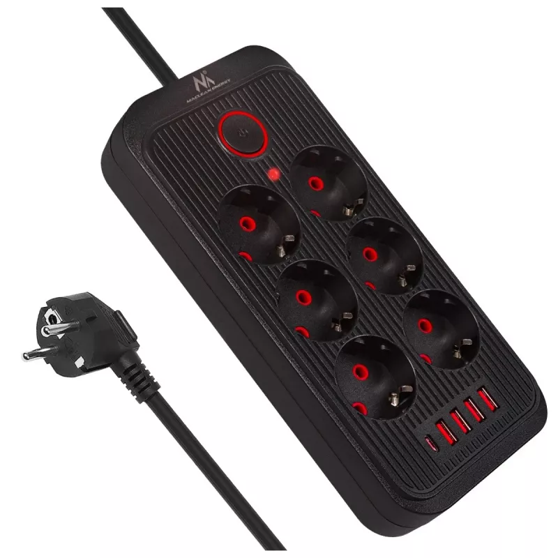 Maitinimo blokas MACLEAN MCE389 B — 6 lizdai, 4×USB-A + 1×USB-C, 110–240V, 2.1A, 2500W, 1.5 m laidas, juodas