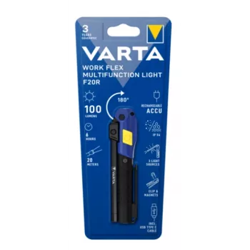 Nešiojamas darbinis žibintas Varta Work Flex Black LED, 100 lm, įmontuota baterija, 6 h, aliuminis/nailonas/PC/guma, 120 mm