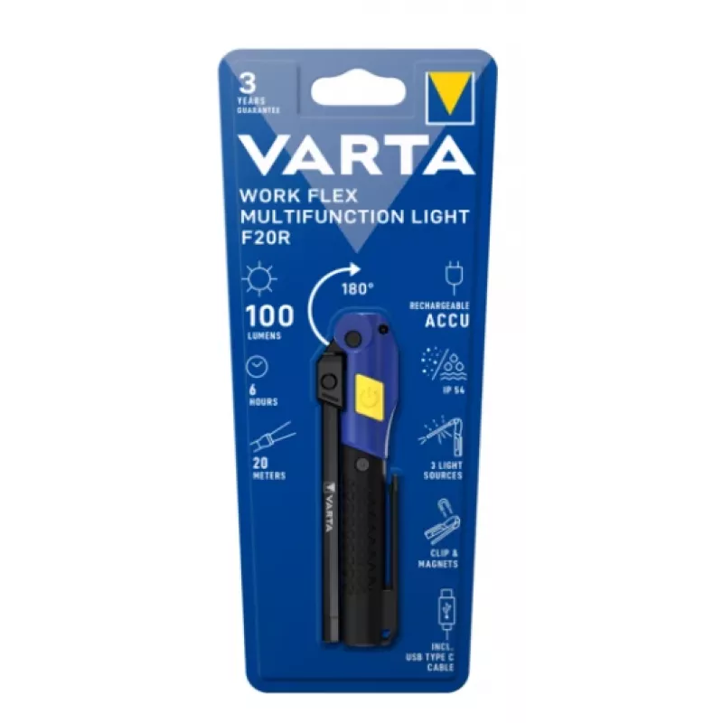 Nešiojamas darbinis žibintas Varta Work Flex Black LED, 100 lm, įmontuota baterija, 6 h, aliuminis/nailonas/PC/guma, 120 mm