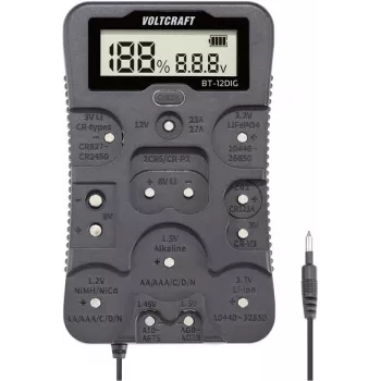 VOLTCRAFT Baterijų testeris BT-12DIG Matavimo diapazonas 1,2 V, 1,5 V, 3 V, 3,7 V, 6 V, 9 V, 12 V