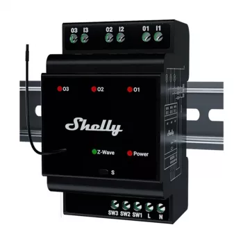 DIN bėgio išmanioji relė Shelly WavePro3 3 kanalų Z-Wave, 110–240 V, 25 A vienam kanalui, AES-128, montavimui ant DIN bėgio
