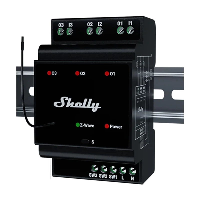 DIN bėgio išmanioji relė Shelly WavePro3 3 kanalų Z-Wave, 110–240 V, 25 A vienam kanalui, AES-128, montavimui ant DIN bėgio