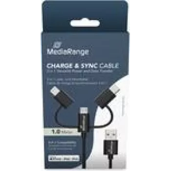 USB laidas MediaRange MRCS246 — 1 m, USB A į USB-C / Micro USB-A / Lightning, USB 2.0, juodas