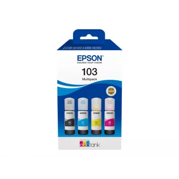 Rašalo kasečių rinkinys Epson EcoTank 103 – Originalus 4 spalvų rinkinys (Juoda, Žydra, Violetinė, Geltona), Juoda 4500 p., Spalvota 7500 p.