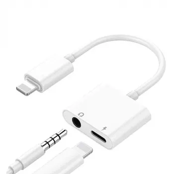 Dvigubas adapteris iPhone Lightning – 3,5 mm ausinės ir įkrovimas