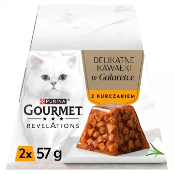 Šlapias kačių ėdalas Purina Nestlé Gourmet Revelations gabaliukai želė su vištiena 2 x 57 g, suaugusioms katėms, baltymai 9%, drėgnis 83%