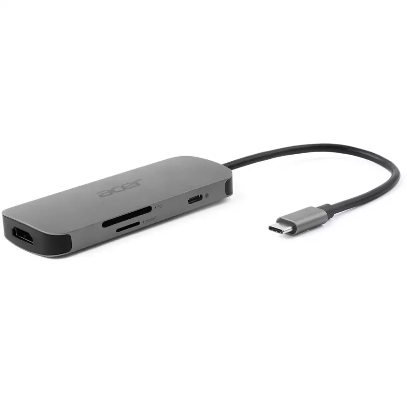 7-in-1 USB-C adapteris Acer — USB 3.2 Gen 1 Type-C, 3x USB-A, HDMI, SD/MicroSD, 100W PD, sidabrinis