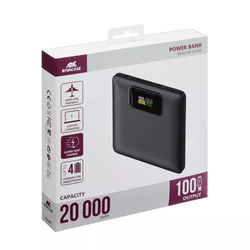 Power bank Rivacase VA1090 – 20000 mAh, 77 Wh, bendra išėjimo galia 100 W, 440 g