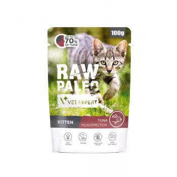 Šlapias kačių ėdalas VETEXPERT Raw Paleo Kitten Tuna 100 g – be grūdų, daug baltymų, jaunikliams, pilnavertis pašaras