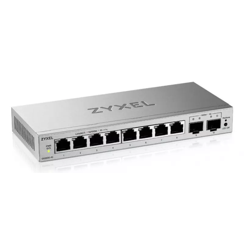 Valdomas L2 Gigabit jungiklis Zyxel GS1200-10v3 — 8x Gigabit (10/100/1000), 20 Gbps, MAC 4000, stalinis, pilkas