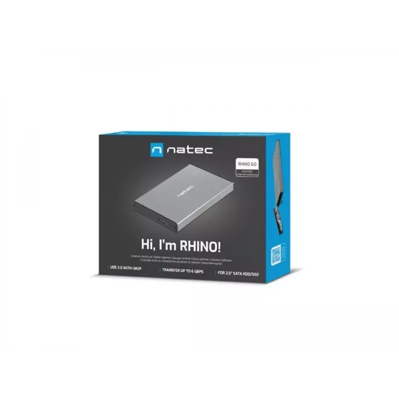 Išorinis HDD/SSD korpusas NATEC Rhino GO — 2,5 colio SATA, 9,5 mm, USB 3.0, aliuminis, pilkas, iki 4 TB
