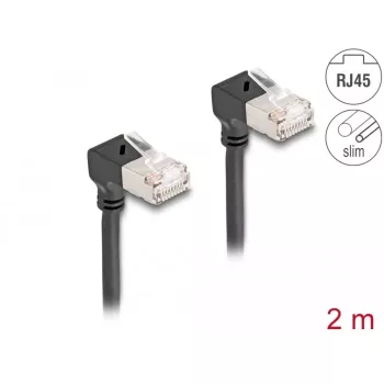 DeLOCK RJ45 tinklo kabelis Cat.6A S/FTP plonas 90° žemyn 2 m juodas