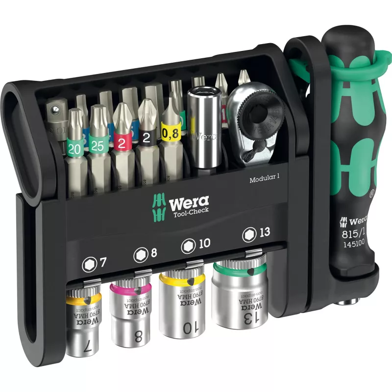 Įrankių rinkinys Wera Tool-Check Modular Set 1 – 50 dalių modulinis dirbtuvių rinkinys, įvairūs antgaliai ir lizdiniai raktai