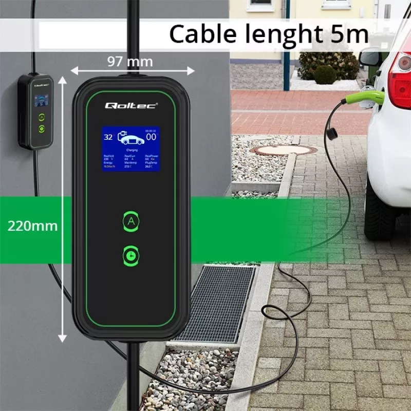 Qoltec Mobile EV automobilio įkroviklis reguliuojamas 2in1 Type2 | 7kW | 230V | CEE 3 kištukas | Wi-Fi | LCD | Nešiojamas | Wallbox | 5m