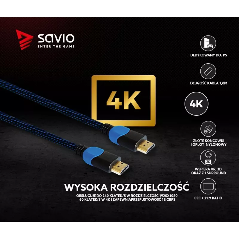 Savio GCL-02 HDMI kabelis 1,8 m HDMI A tipas (Standartinis) Juoda,Mėlyna