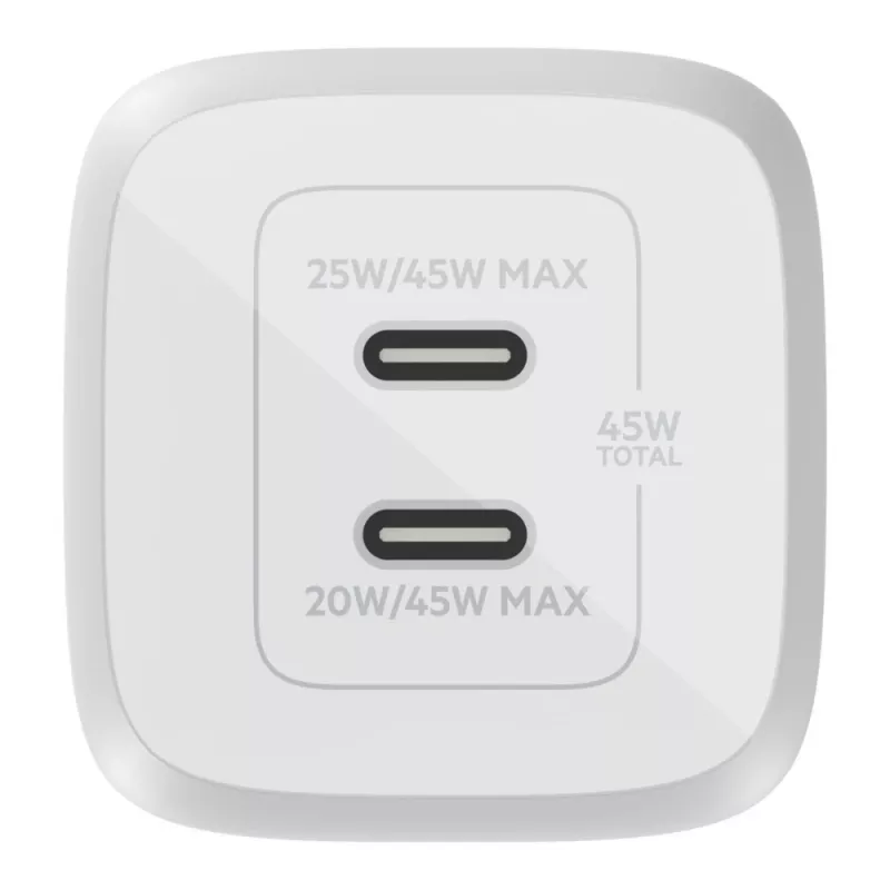 Belkin WCH011vfWH baltas greitas AC įkroviklis su GaN technologija, 2x USB-C, 45 W