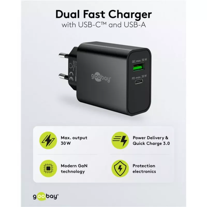 Goobay USB-C PD GaN dvigubas greitas įkroviklis 30 W juodas (75335)