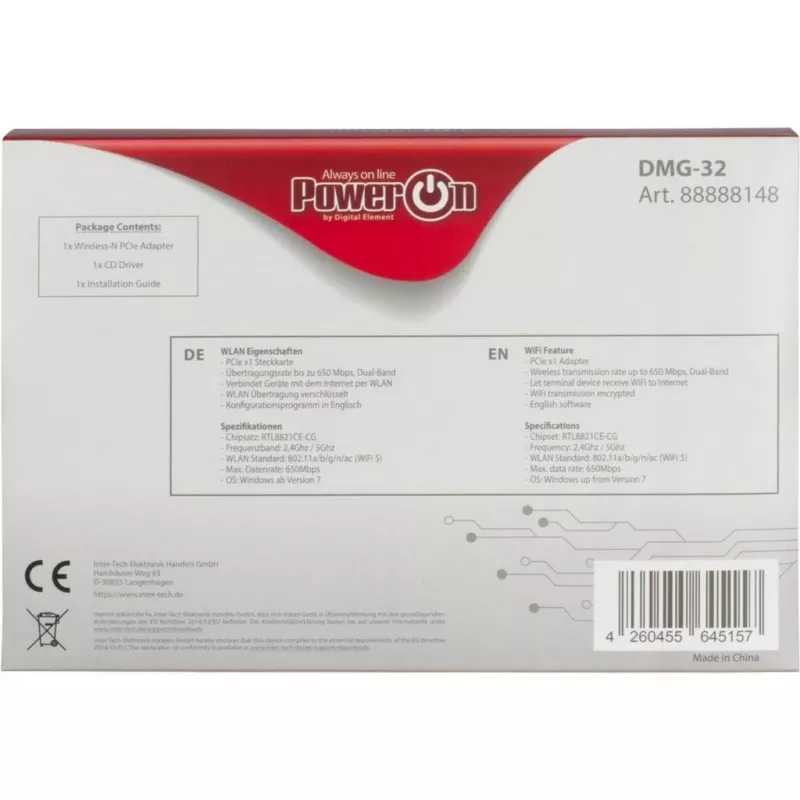 Inter-Tech DMG-32 belaidžio tinklo PCI Express plokštė, 650 Mbit/s, juoda-sidabrinė (88888148)