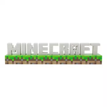 Paladone Minecraft Logo Light – šviečiantis užrašas su žemės blokų pagrindu