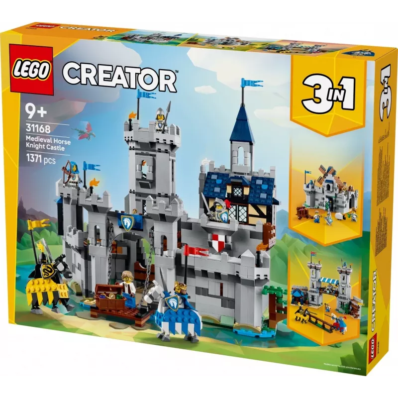LEGO Creator 3-in-1 Viduramžių riterio pilies statybos rinkinys 31168 — 1371 detalė, 6 minifigūrėlės, nuo 9 metų