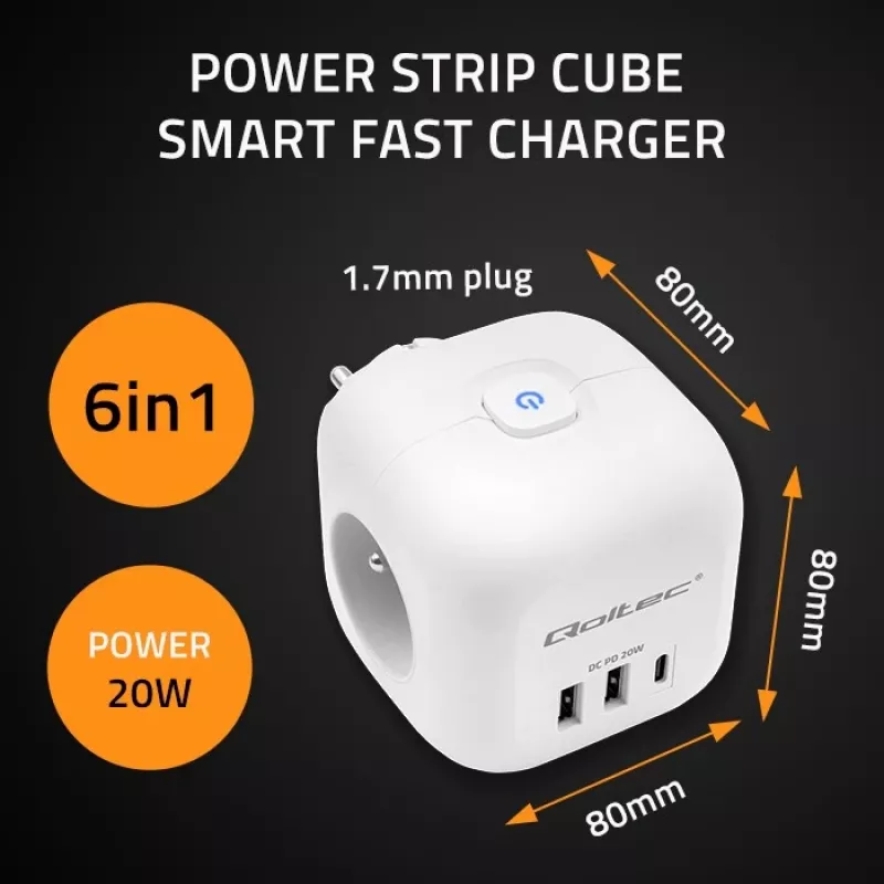 QOLTEC 52548 ilgintuvas su 3×AC lizdais ir USB prievadu