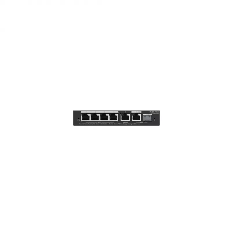 Valdomas PoE jungiklis RUIJIE RG-ES206GS-P — L2, 6x Gigabit RJ-45, 1x SFP, 4 PoE prievadai (54 W biudžetas), 12 Gbit/s, debesimi valdomas