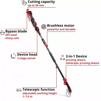 Genėjimo žirklės EINHELL GP-LS 18/28 Li T BL-Solo — belaidės teleskopinės aplenkiminės genėjimo žirklės, 18 V, pjovimo galia 2,8 cm, aliumininis kotas