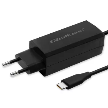 Įkroviklis GaN 90W QOLTEC 52420 USB-C PD 5–20V 3A/4.5A, 220–240V, 1,8 m laidas, juodas