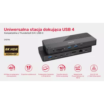 Dokavimo stotelė UNITEK D1079A USB4 Juoda 100W Power Delivery