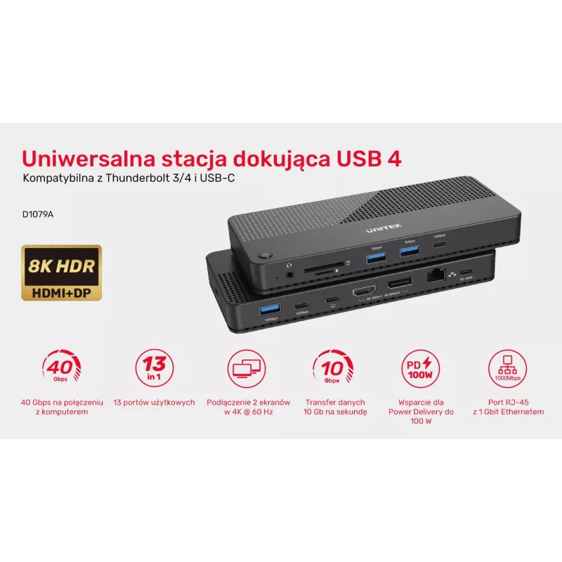 Dokavimo stotelė UNITEK D1079A USB4 Juoda 100W Power Delivery