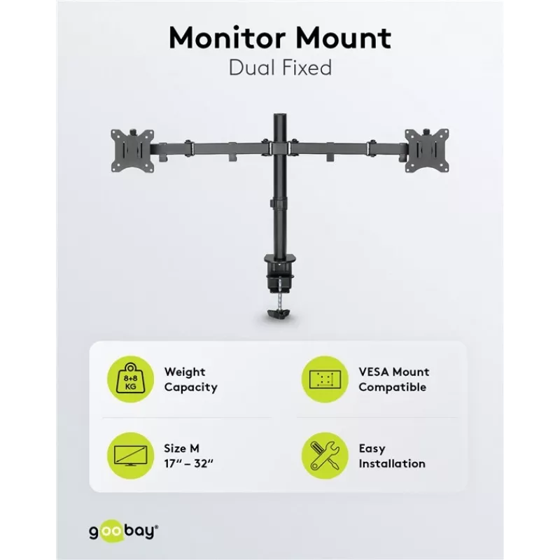Goobay Monitor Arm Dual Flex – dviguba monitoriaus ranka 17–32 colių ekranams, stalinis laikiklis VESA 75 ir 100 mm, sukimas, pasukimas ir pakreipimas, aukščio reguliavimas, maksimali apkrova
